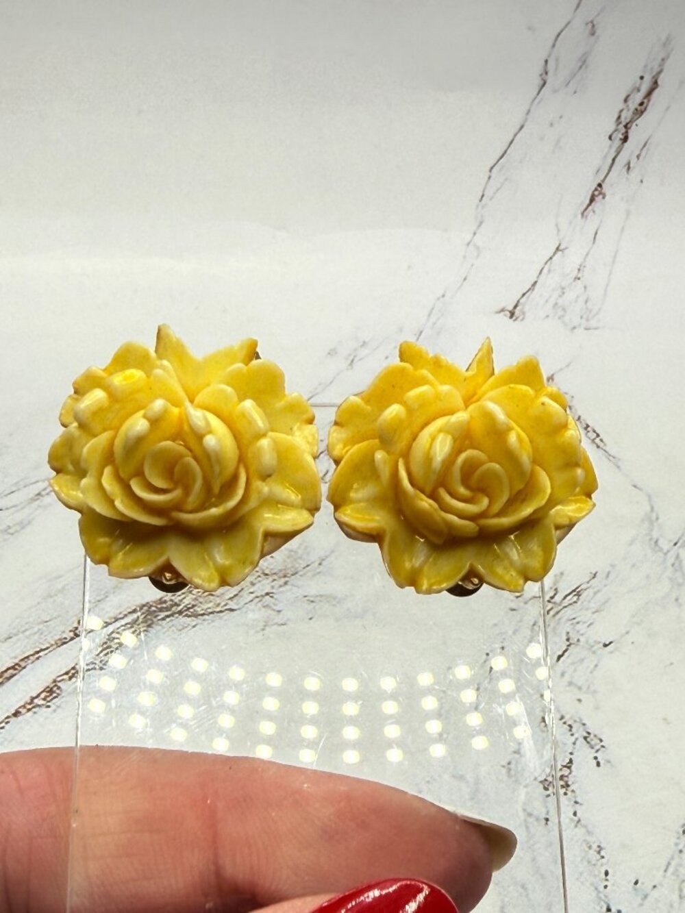 Vintage Yellow Rose Flower Plastic Carved Clip On Huggie Earrings 1950’s 1.25"